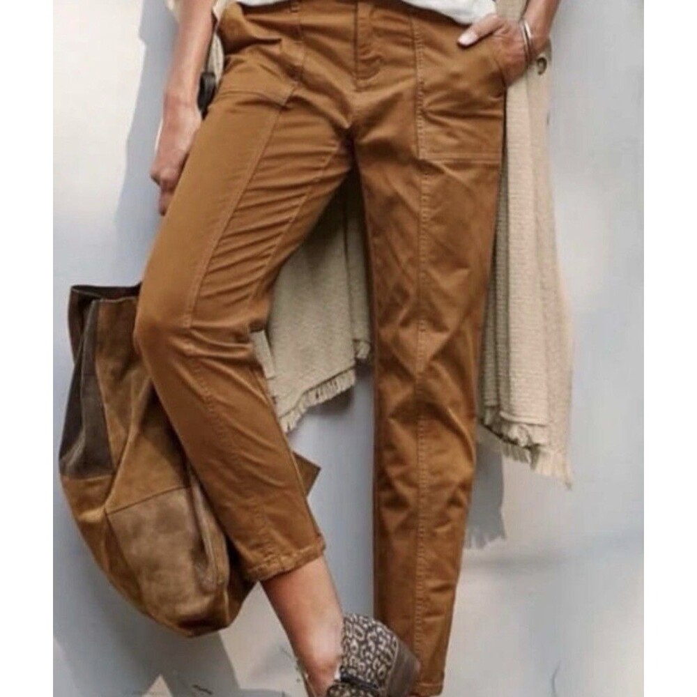 Garnet Hill Womens 4 Pants 96% Organic Cotton Tapered Leg Pockets Caramel Brown